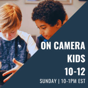 Two kids focus on a device while a blue diagonal panel with event text advertises 'ON CAMERA KIDS 10-12 Sunday 10-1PM EST'