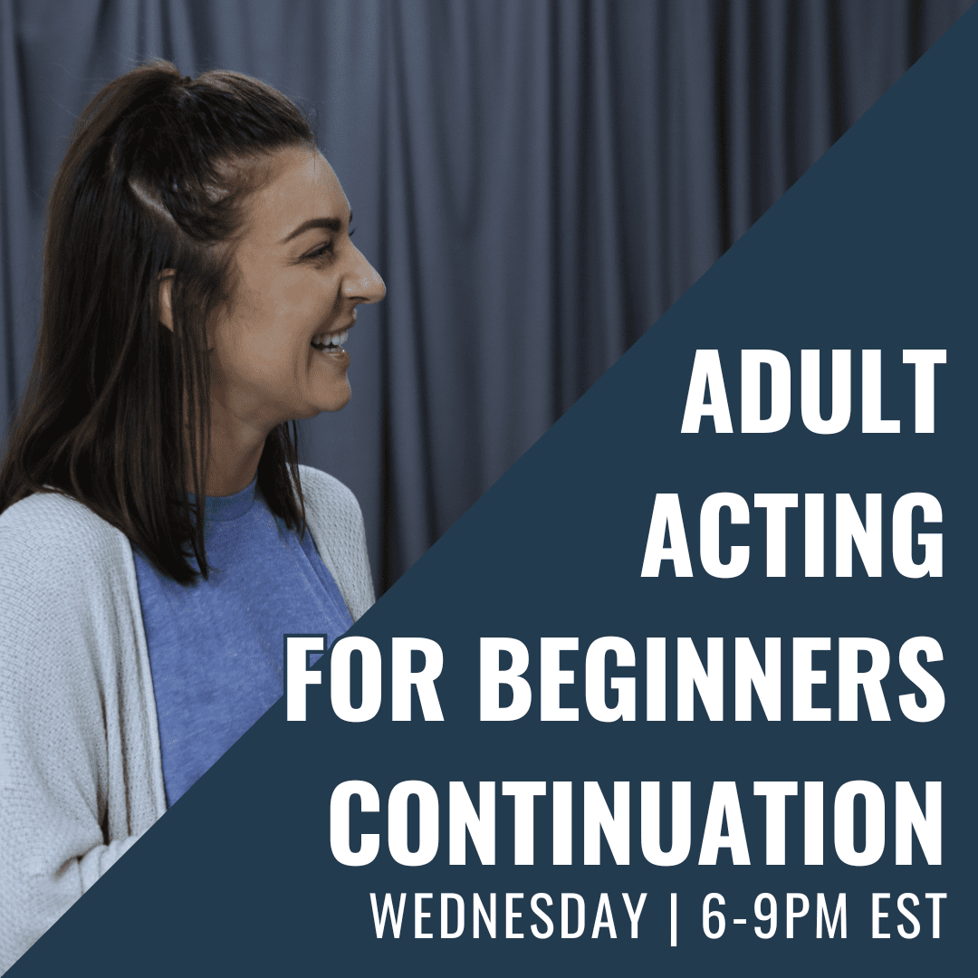Smiling woman in a blue top on the left with a diagonal navy poster announcing an adult acting for beginners continuation class on Wednesday 6–9 PM EST.